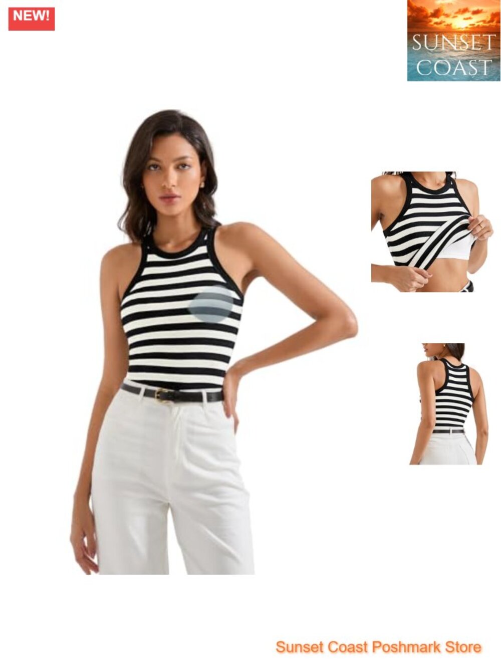 Women's Padded Cotton Ribbed Racerback Tank Top High Neck Built-In Bra